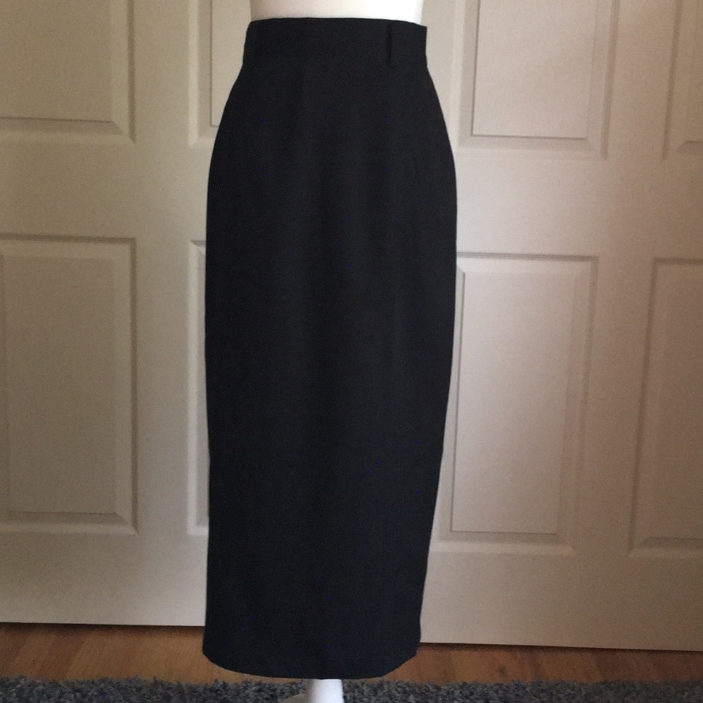 Black pencil skirt with faux wrap style.